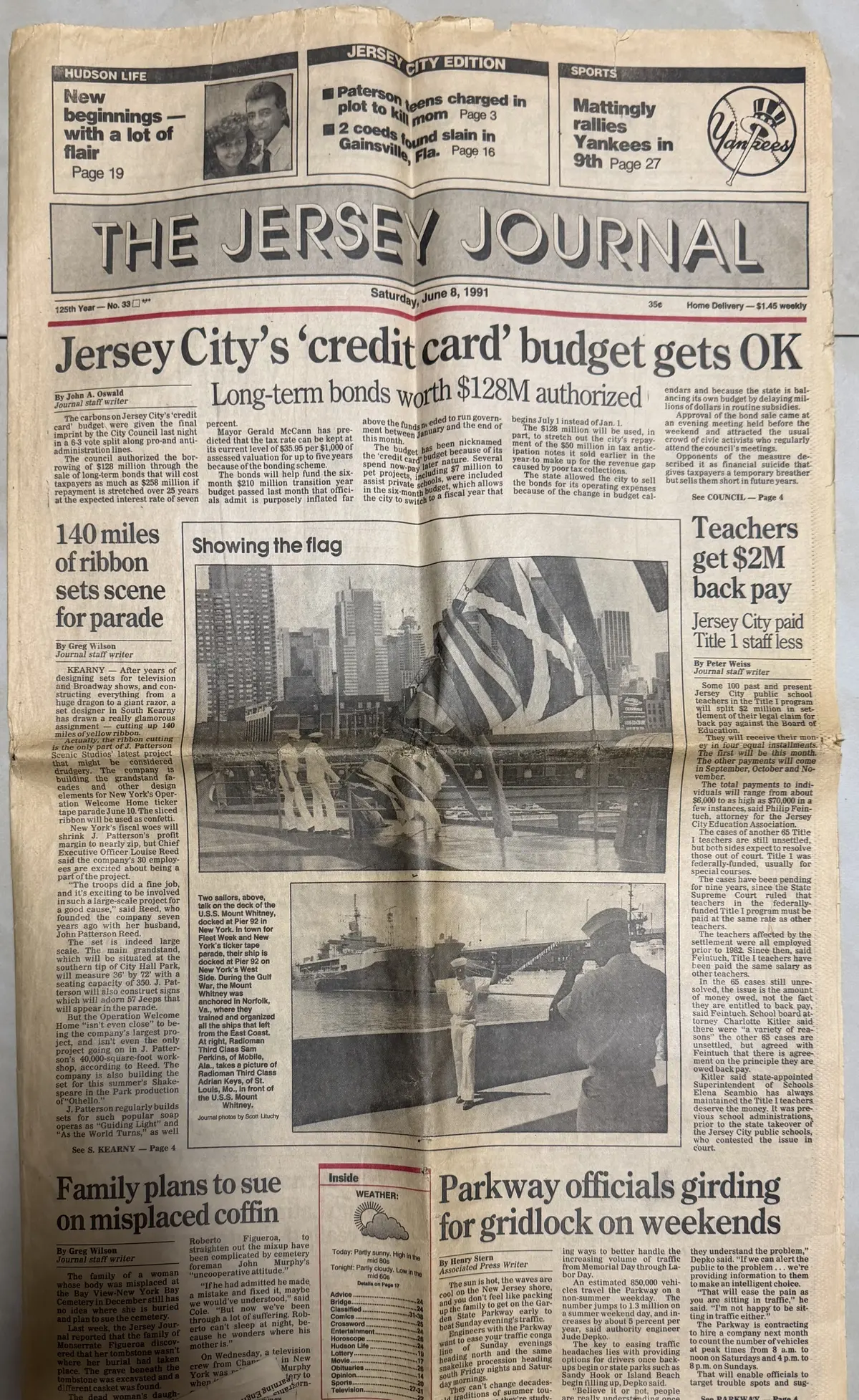 June 8, 1991 front page of The Jersey Journal with a top-left preview of the feature about Vivian Gerges and John Hanna