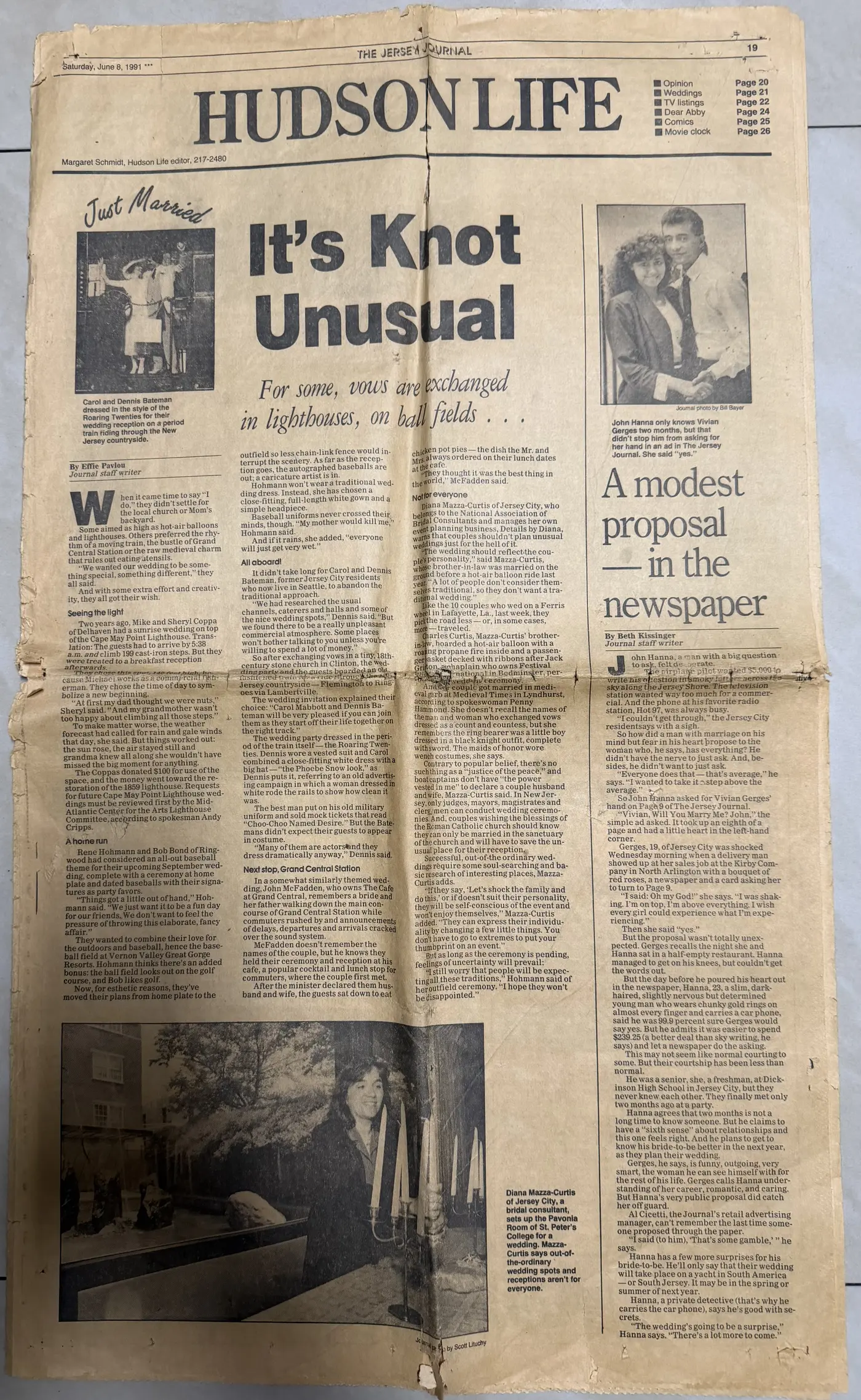 June 8, 1991 Jersey Journal Hudson Life page featuring the article A modest proposal—in the newspaper and a photograph of Vivian Gerges and John Hanna