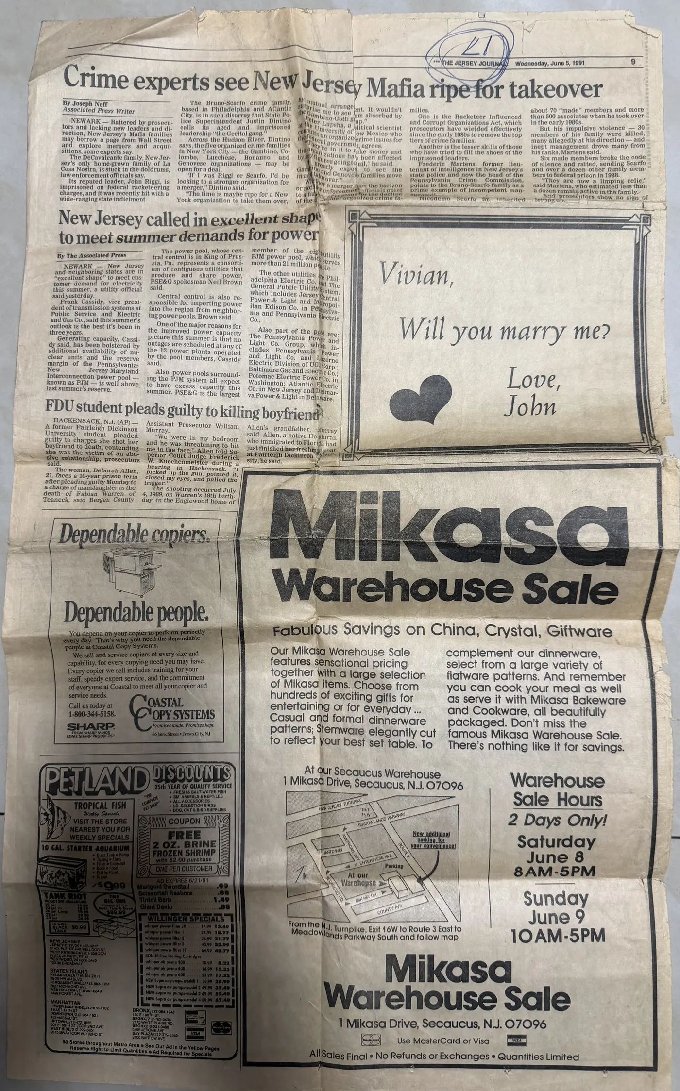 June 5, 1991 Jersey Journal page showing the marriage proposal advertisement to Vivian Gerges beside local news articles