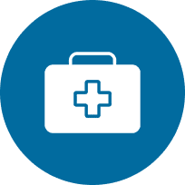 White first aid kit with a cross on it, inside a blue circle background.
