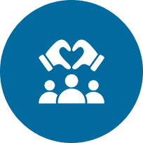 Icon with two hands forming a heart above three people, displayed on a blue background.