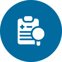 Blue icon showing a clipboard with medical notes and a magnifying glass.