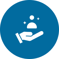 Icon of a hand holding a person symbol with two sparkles, set against a blue circular background.